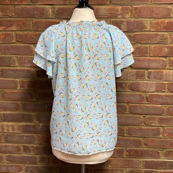 Pleione Blue Floral Flutter Sleeve Top Size Small - Picture 4 of 6